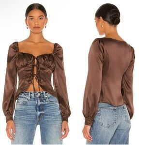 $158 MAJORELLE Satin Waldorf Top Tie Front Long Sleeves Ruched Brown Small